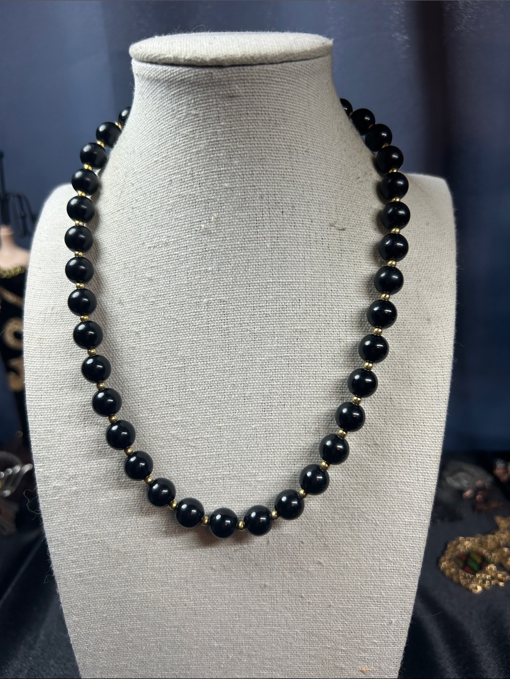 Vintage Monet Black Acrylic beaded necklace with Gold Tone Spacers